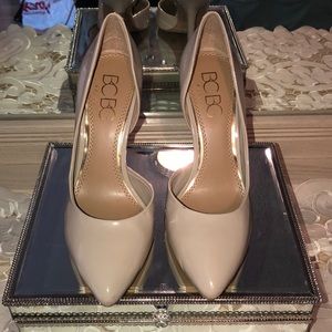 BCBG nude patent leather heels